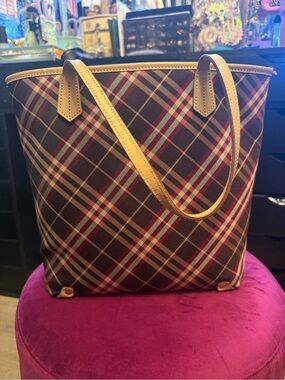 Burberry Brown Plaid Tote with Tan Leather Trim